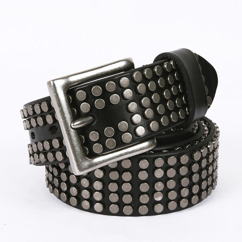 New Five-row Small Rivet White Pin Buckle Leather Belt - Black / 120CM