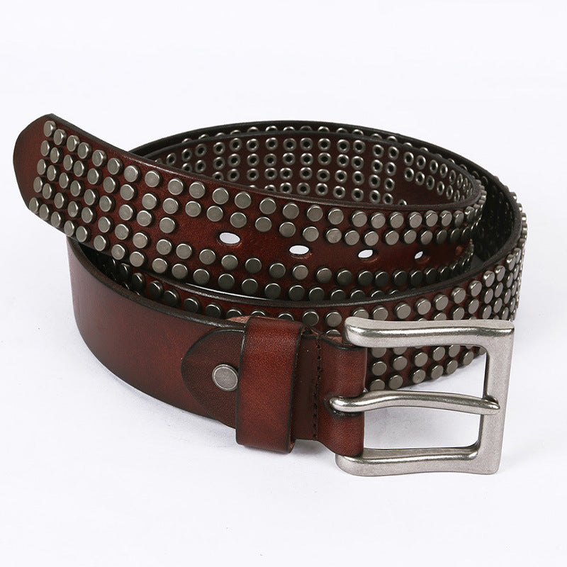 New Five-row Small Rivet White Pin Buckle Leather Belt - Coffee / 120CM