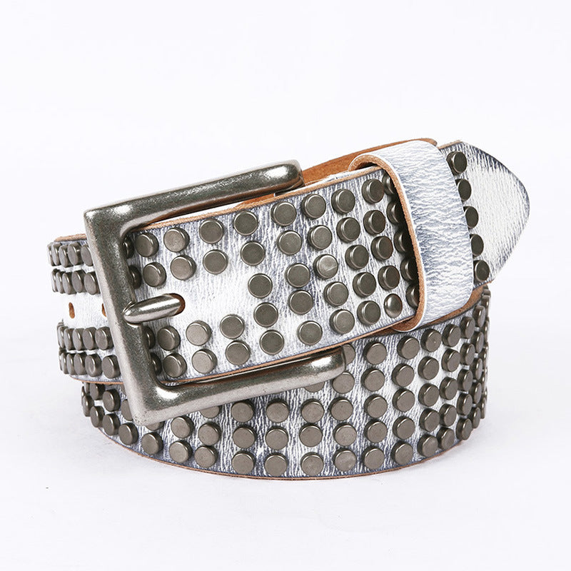 New Five-row Small Rivet White Pin Buckle Leather Belt - Vintage white / 115CM