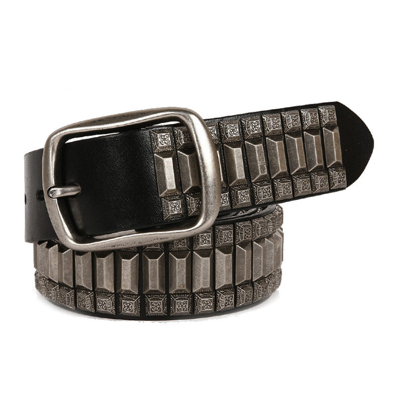 Pagoda Retro Belt Rivet Hip-Hop Top Layer Cowhide Unisex Belt For Men and Women - Black / 110cm