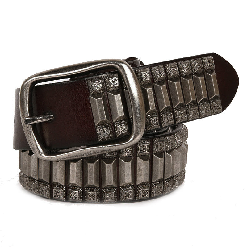 Pagoda Retro Belt Rivet Hip-Hop Top Layer Cowhide Unisex Belt For Men and Women - Coffee color / 115cm