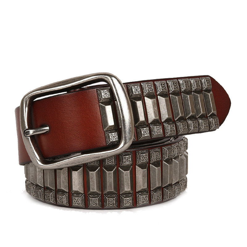 Pagoda Retro Belt Rivet Hip-Hop Top Layer Cowhide Unisex Belt For Men and Women - Red brown / 105cm