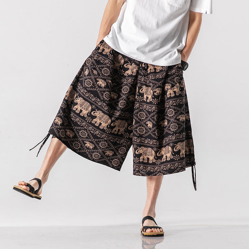Men’s Loose-fitting Chinese Style Elephant Flower Cropped Large Trunks Radish Beach Flower Pants