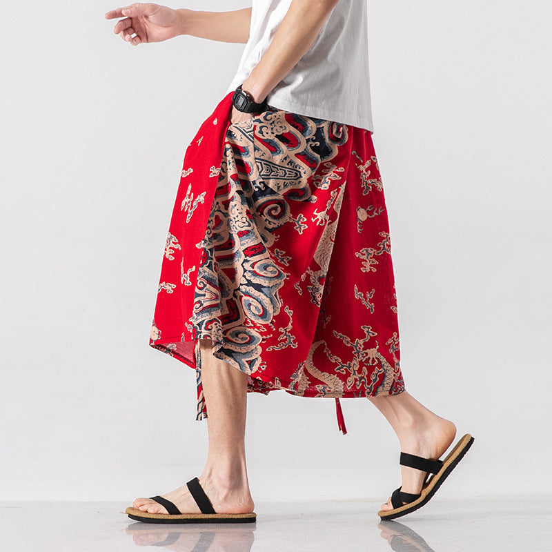 Men’s Loose-fitting Chinese Style Elephant Flower Cropped Large Trunks Radish Beach Flower Pants