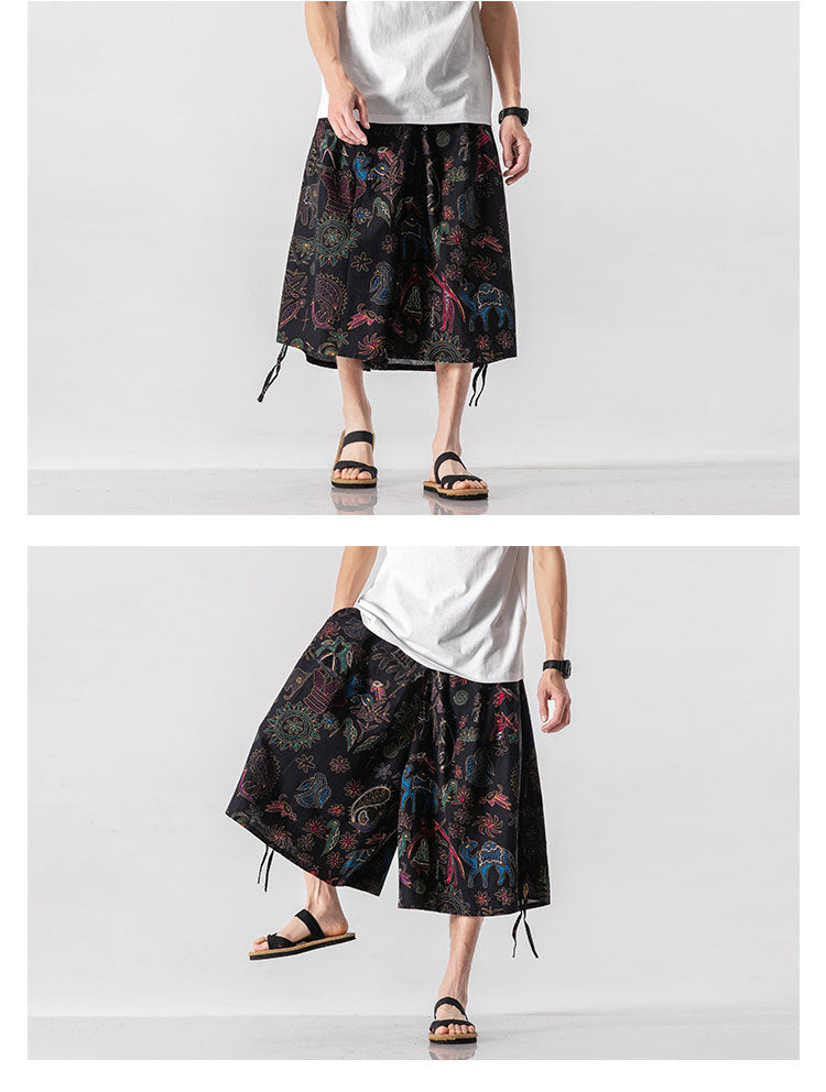 Men’s Loose-fitting Chinese Style Elephant Flower Cropped Large Trunks Radish Beach Flower Pants