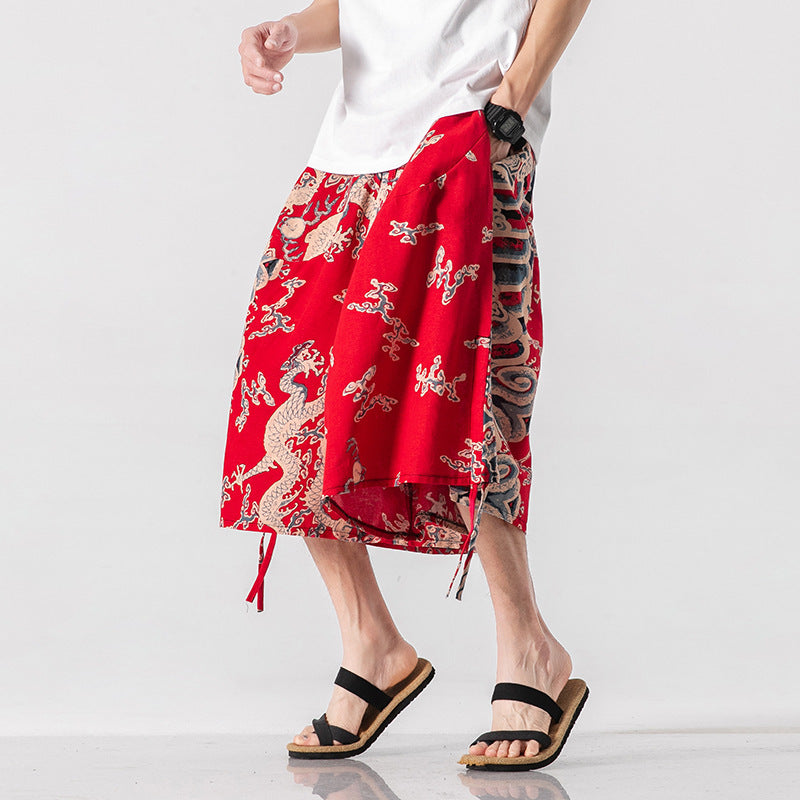 Men’s Loose-fitting Chinese Style Elephant Flower Cropped Large Trunks Radish Beach Flower Pants