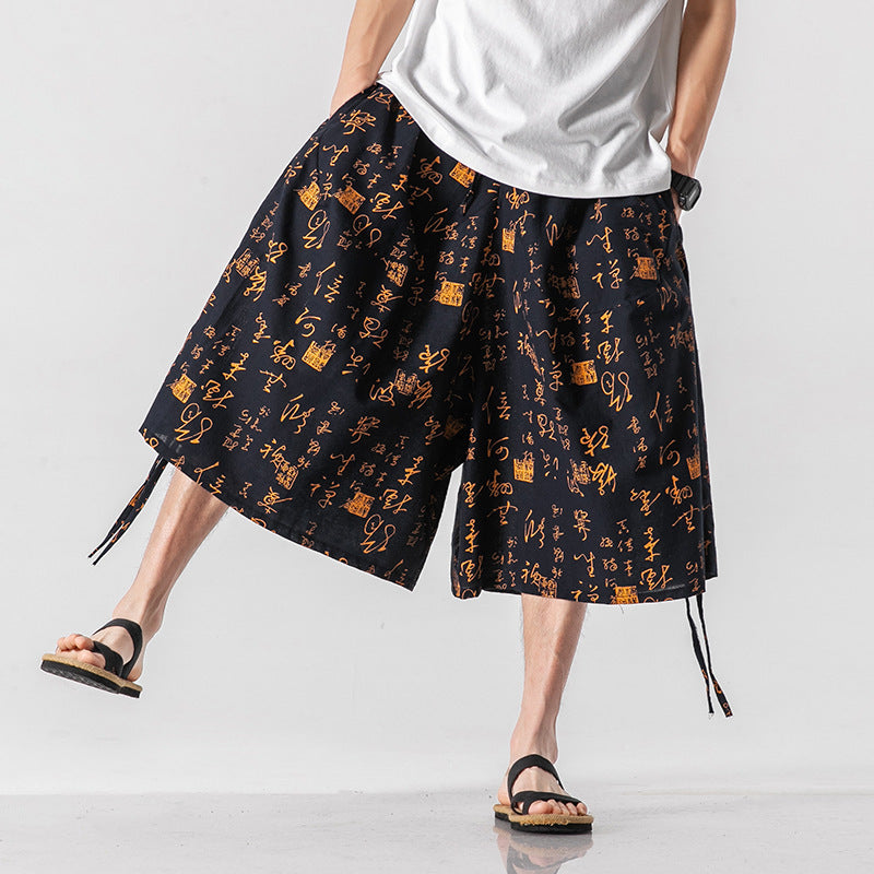 Men’s Loose-fitting Chinese Style Elephant Flower Cropped Large Trunks Radish Beach Flower Pants