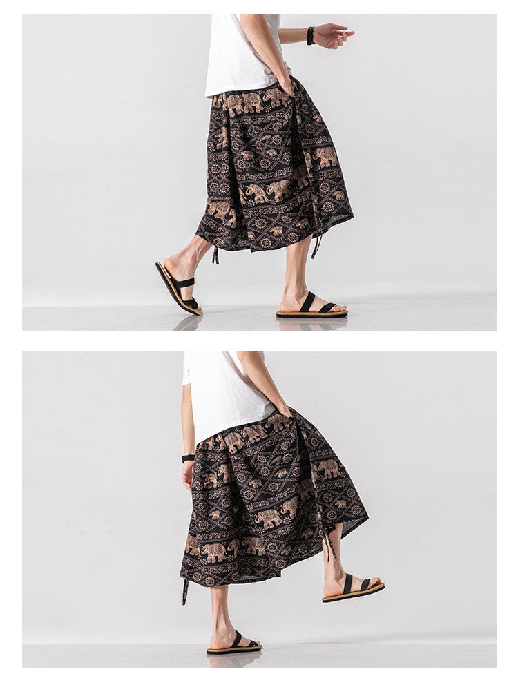 Men’s Loose-fitting Chinese Style Elephant Flower Cropped Large Trunks Radish Beach Flower Pants
