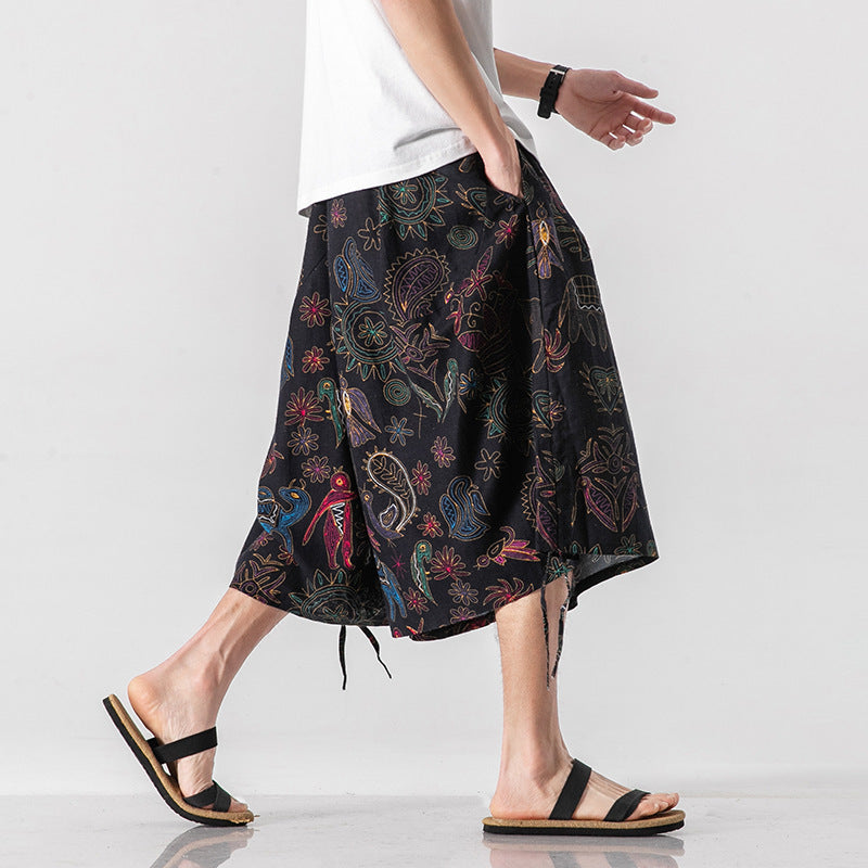 Men’s Loose-fitting Chinese Style Elephant Flower Cropped Large Trunks Radish Beach Flower Pants