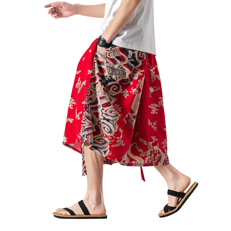 Men’s Loose-fitting Chinese Style Elephant Flower Cropped Large Trunks Radish Beach Flower Pants