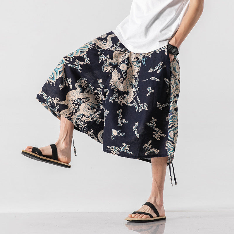 Men’s Loose-fitting Chinese Style Elephant Flower Cropped Large Trunks Radish Beach Flower Pants - Navy Blue Dragon