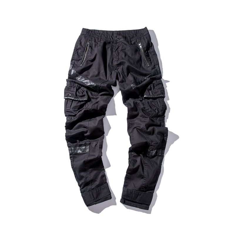 Men High Street Fashion Leather Pocket Splice Casual Cargo Pant Male Hip Hop Harem Pants Long Trousers - Black / 33