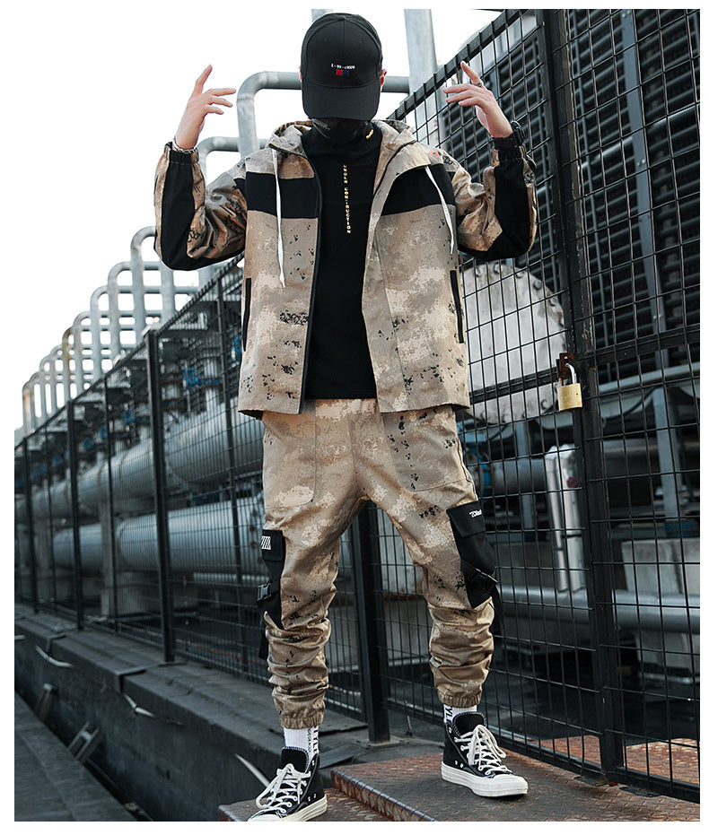 Men’s loose tooling camouflage Jacket Suit - Yellow / 3XL
