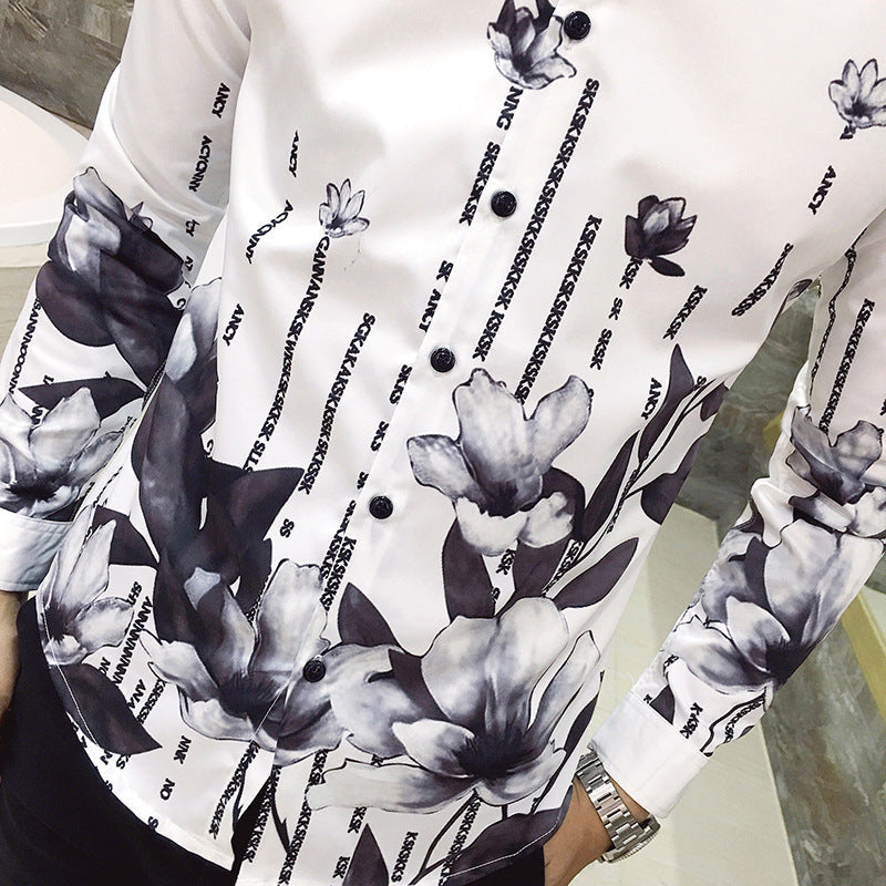 Black Rose Pattern Digital Printing Men’s Long-sleeved Shirt