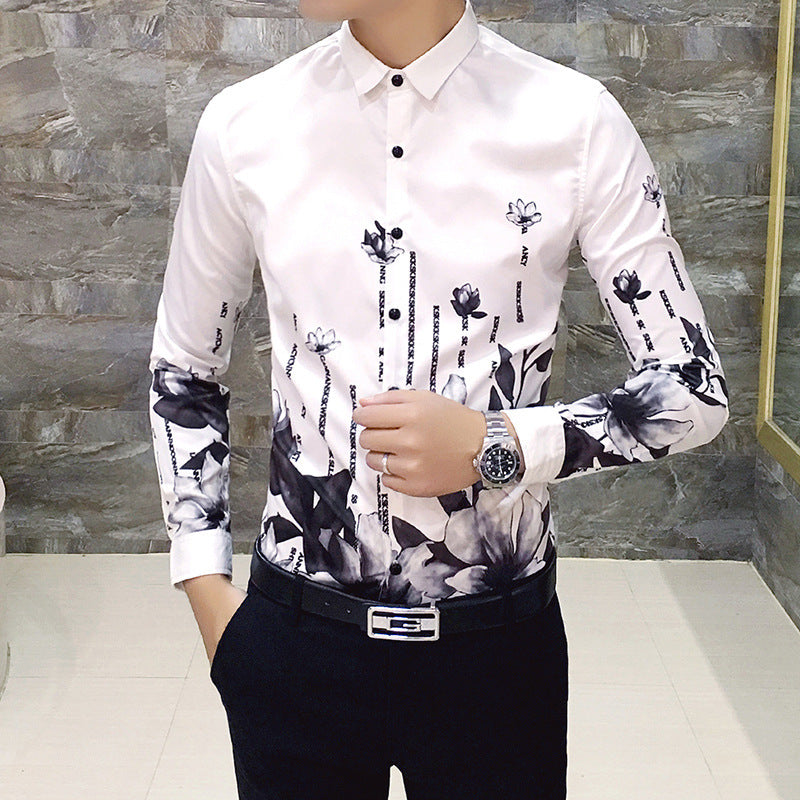 Black Rose Pattern Digital Printing Men’s Long-sleeved Shirt
