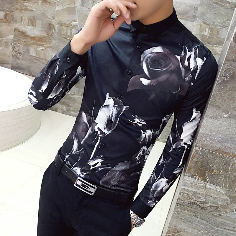 Black Rose Pattern Digital Printing Men’s Long-sleeved Shirt