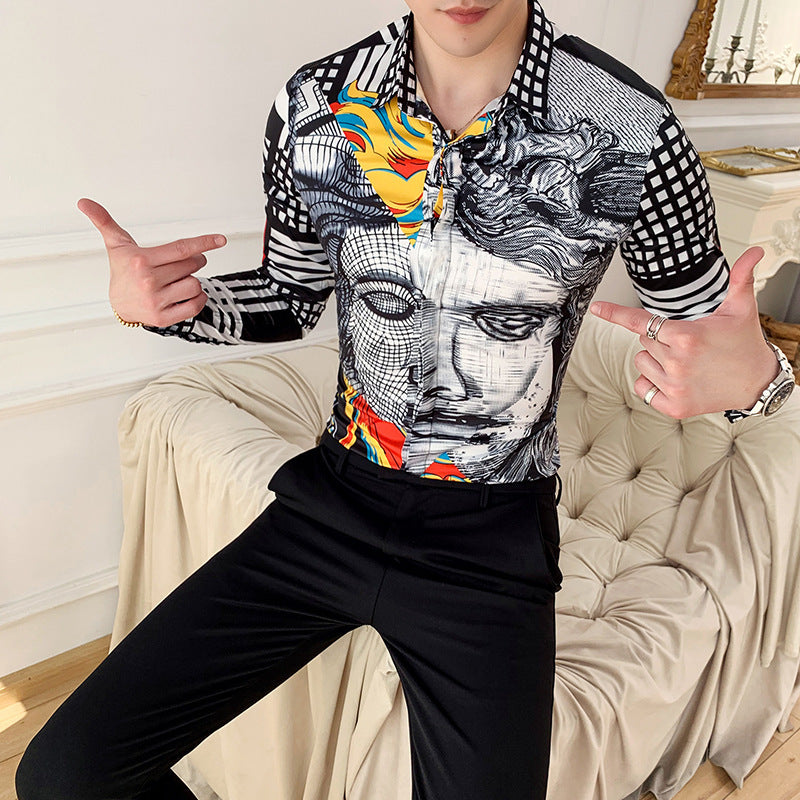 Black Rose Pattern Digital Printing Men’s Long-sleeved Shirt