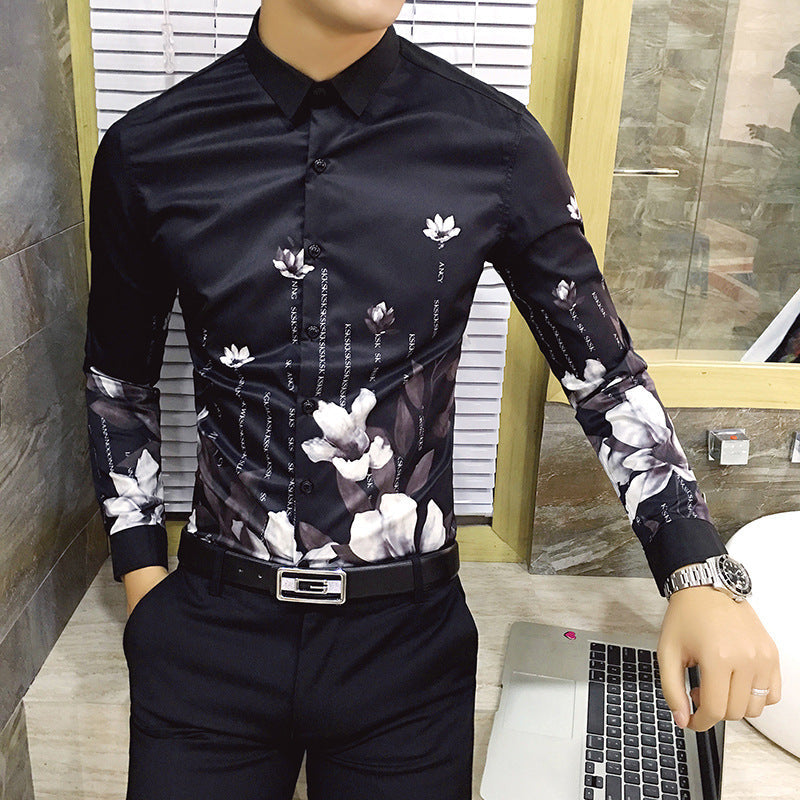 Black Rose Pattern Digital Printing Men’s Long-sleeved Shirt - Black A / M