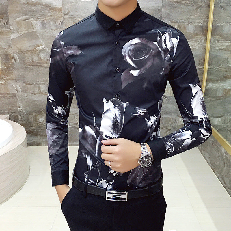 Black Rose Pattern Digital Printing Men’s Long-sleeved Shirt - Black B / M