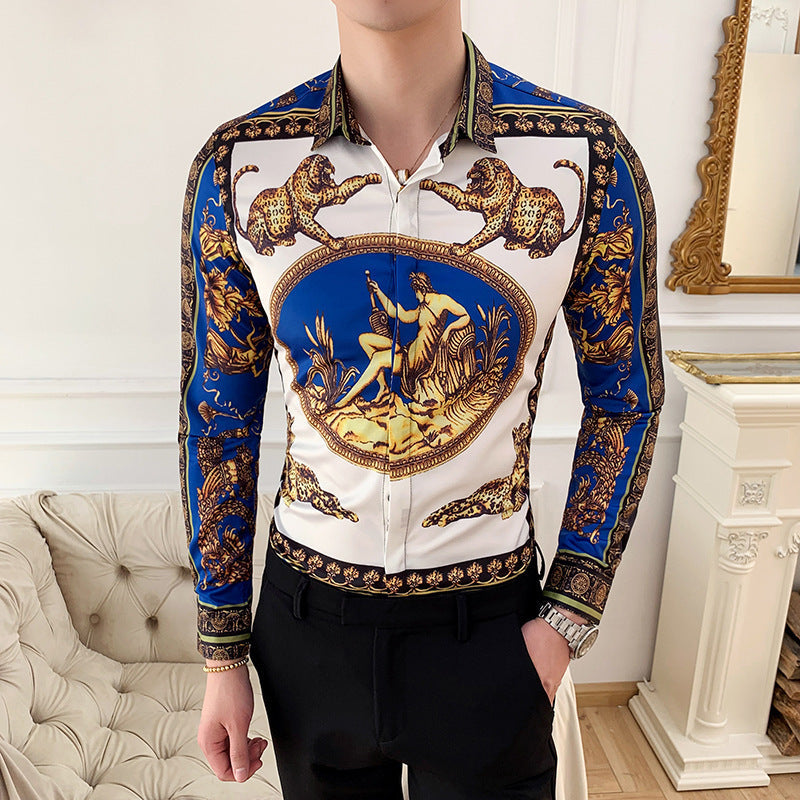 Black Rose Pattern Digital Printing Men’s Long-sleeved Shirt - Blue / 2XL