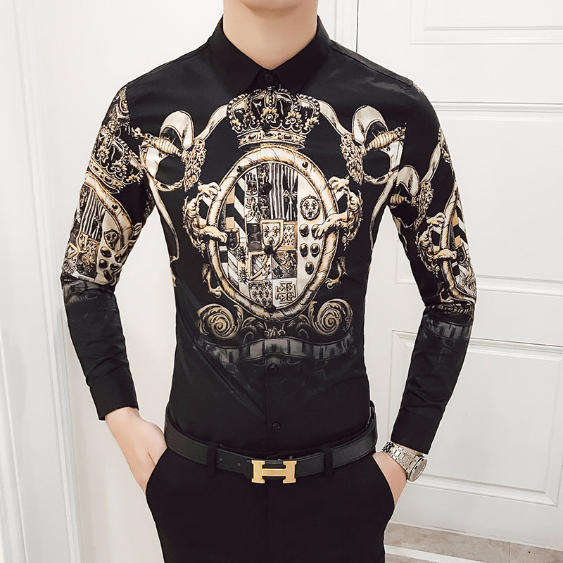 Black Rose Pattern Digital Printing Men’s Long-sleeved Shirt - Black D / 2XL