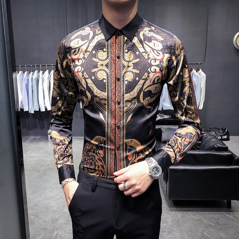 Black Rose Pattern Digital Printing Men’s Long-sleeved Shirt - Black E / 2XL