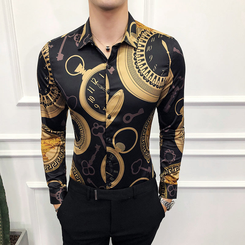 Black Rose Pattern Digital Printing Men’s Long-sleeved Shirt - Black F / 2XL