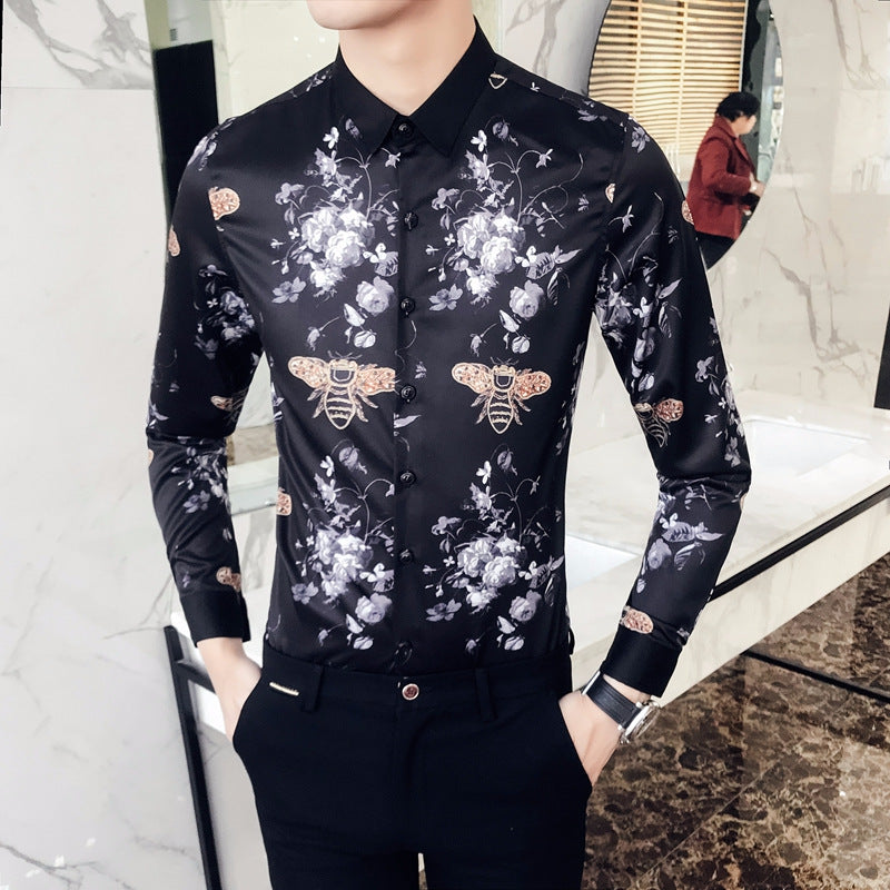 Black Rose Pattern Digital Printing Men’s Long-sleeved Shirt - Black G / 2XL