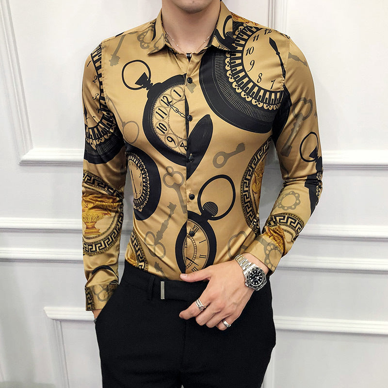 Black Rose Pattern Digital Printing Men’s Long-sleeved Shirt - Gold / 2XL