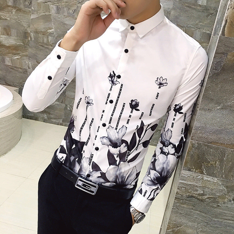 Black Rose Pattern Digital Printing Men’s Long-sleeved Shirt - White A / M