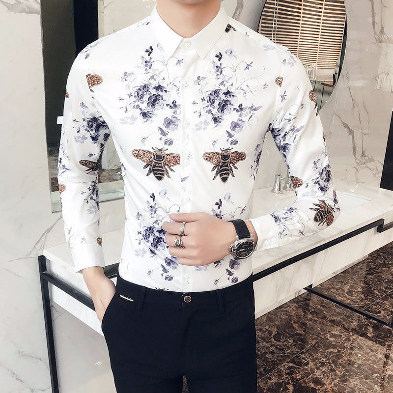Black Rose Pattern Digital Printing Men’s Long-sleeved Shirt - White C / 2XL