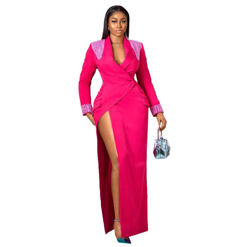 Rose Red Suit Collar Deep V Split High Waist Dress - Rose Red / S