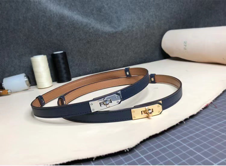 Rotating Buckle Leather Thin Belt All-match Women’s Belt - Black Gold Buckle / One Size