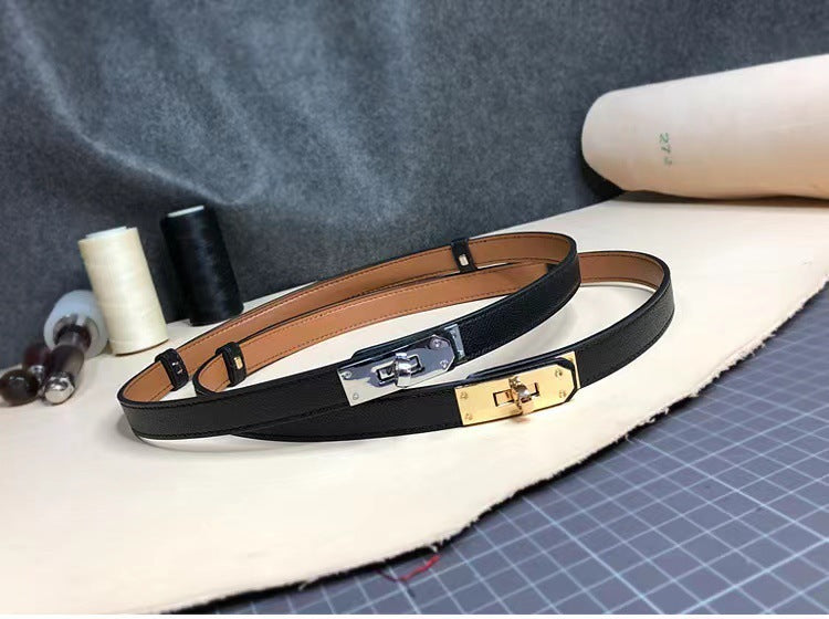 Rotating Buckle Leather Thin Belt All-match Women’s Belt - Black Silver Buckle / One Size