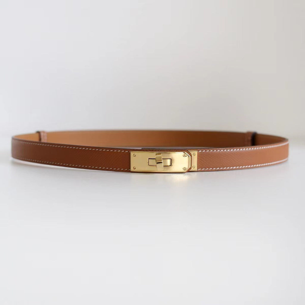 Rotating Buckle Leather Thin Belt All-match Women’s Belt - Brown Gold Buckle / One Size