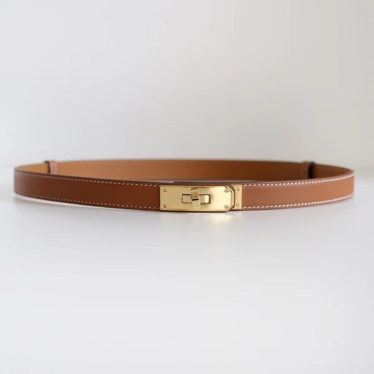 Rotating Buckle Leather Thin Belt All-match Women’s Belt - Brown Gold Buckle / One Size