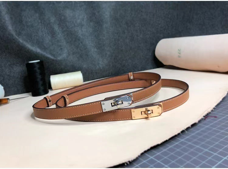 Rotating Buckle Leather Thin Belt All-match Women’s Belt - Brown Silver Buckle / One Size