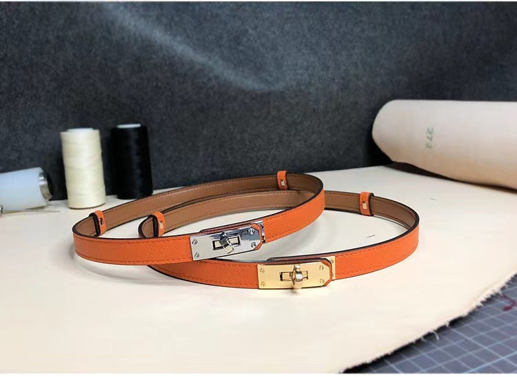 Rotating Buckle Leather Thin Belt All-match Women’s Belt - Orange Silver Buckle / One Size