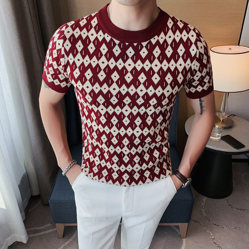 Round Neck Breathable Casual Slim Korean Style Bottoming T-shirt Half Sleeve Sweater - Red / M