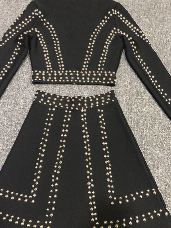 Round Neck Long-sleeved Temperament Slim Bandage Skirt Suit - Black / XS