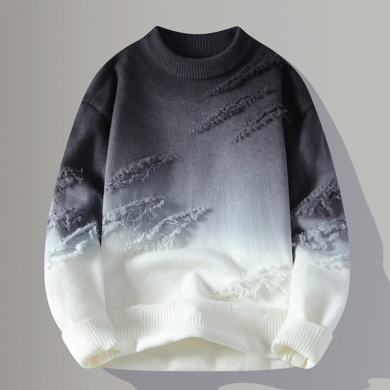 Round Neck Pullover Personalized Gradient Sweater - Black And White / M