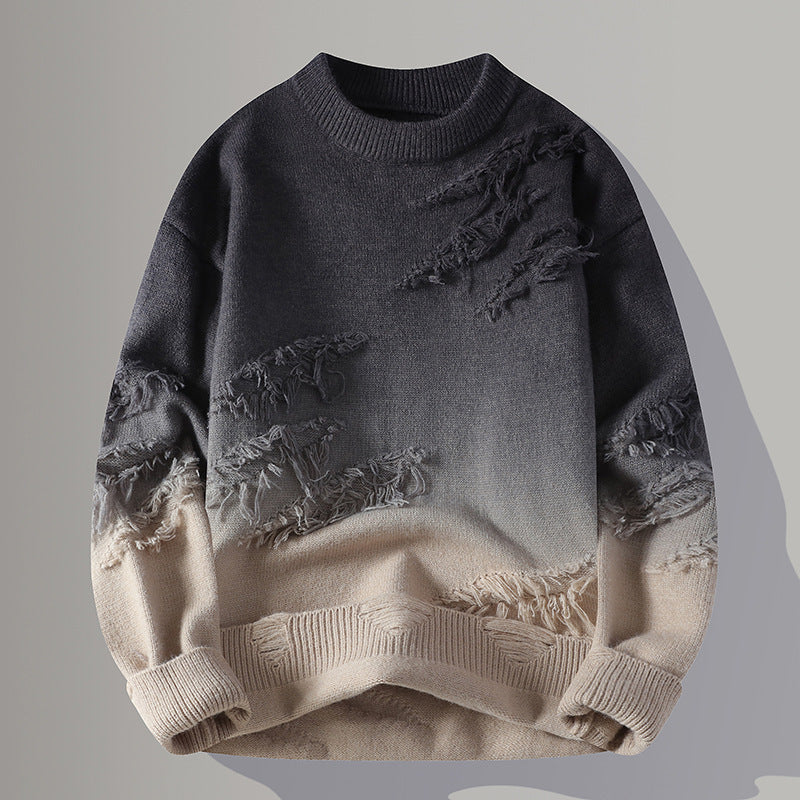 Round Neck Pullover Personalized Gradient Sweater - Khaki / M