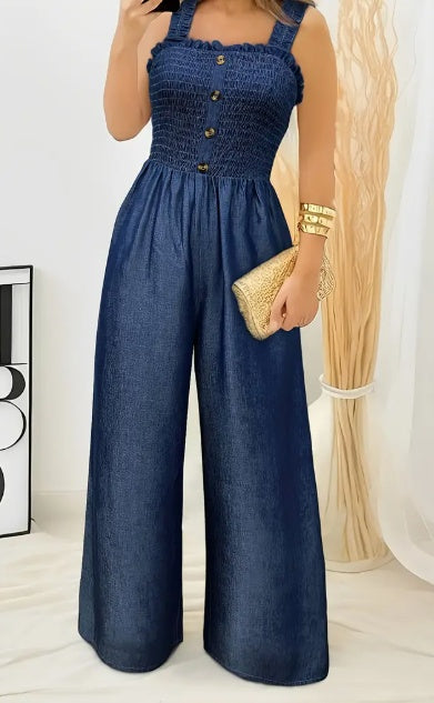 Stylish Ruched Jumpsuit - Sleeveless Shirred Wide Leg Solid Color Button Decor Casual Spring & Summer Essential