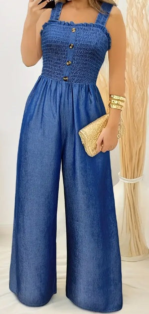 Stylish Ruched Jumpsuit - Sleeveless Shirred Wide Leg Solid Color Button Decor Casual Spring & Summer Essential