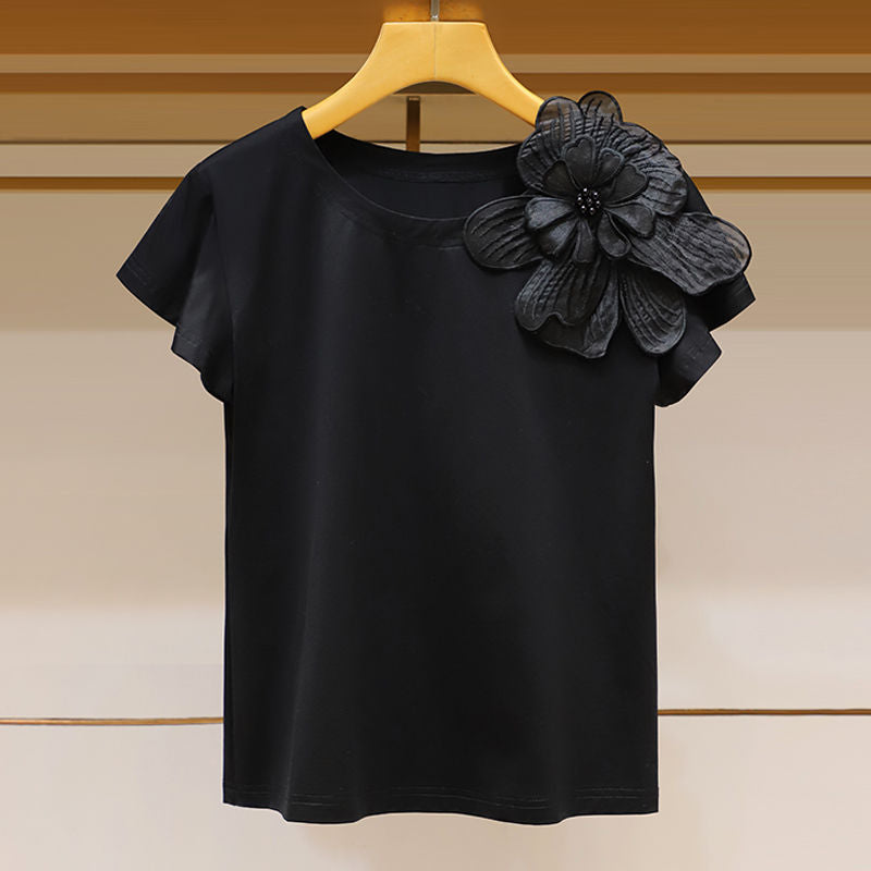 Round Neck Three-dimensional Flower Decoration Fashion Ruffle Sleeve Loose Slim Top - Black / S