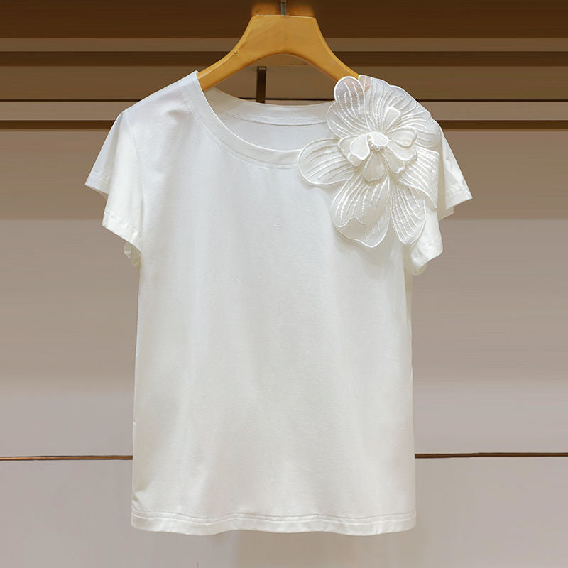 Round Neck Three-dimensional Flower Decoration Fashion Ruffle Sleeve Loose Slim Top - White / S