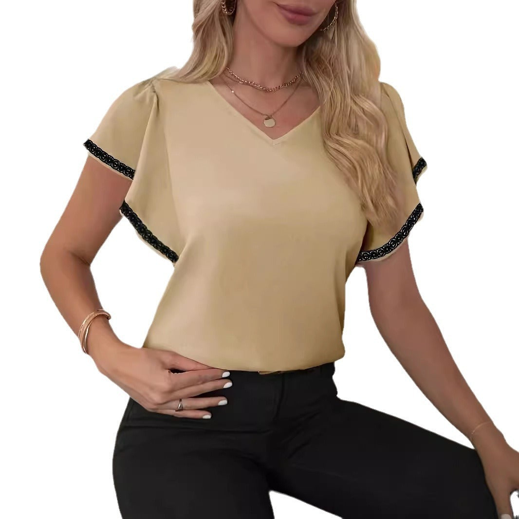 Women’s Fashion Ruffle Sleeve Solid Color And V-neck T-shirt