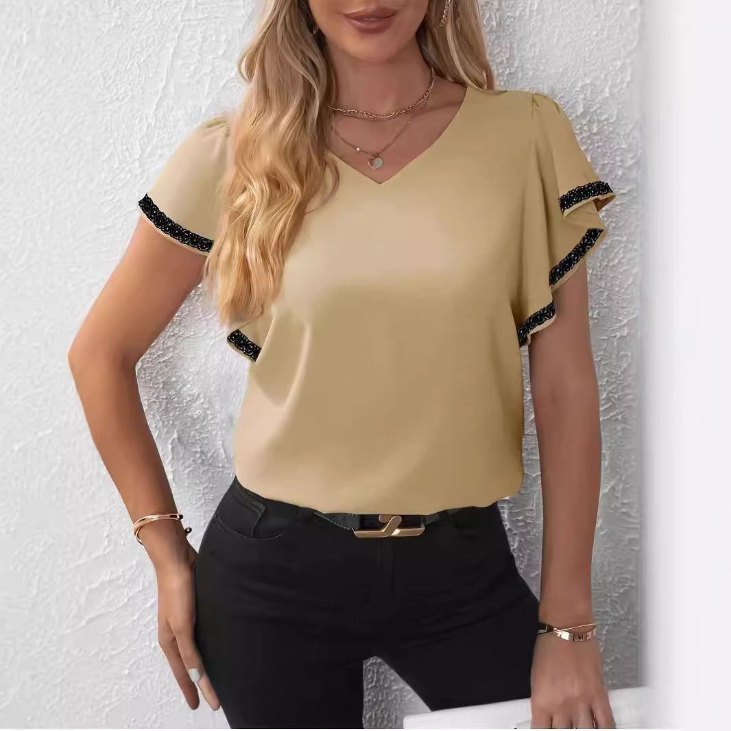 Women’s Fashion Ruffle Sleeve Solid Color And V-neck T-shirt