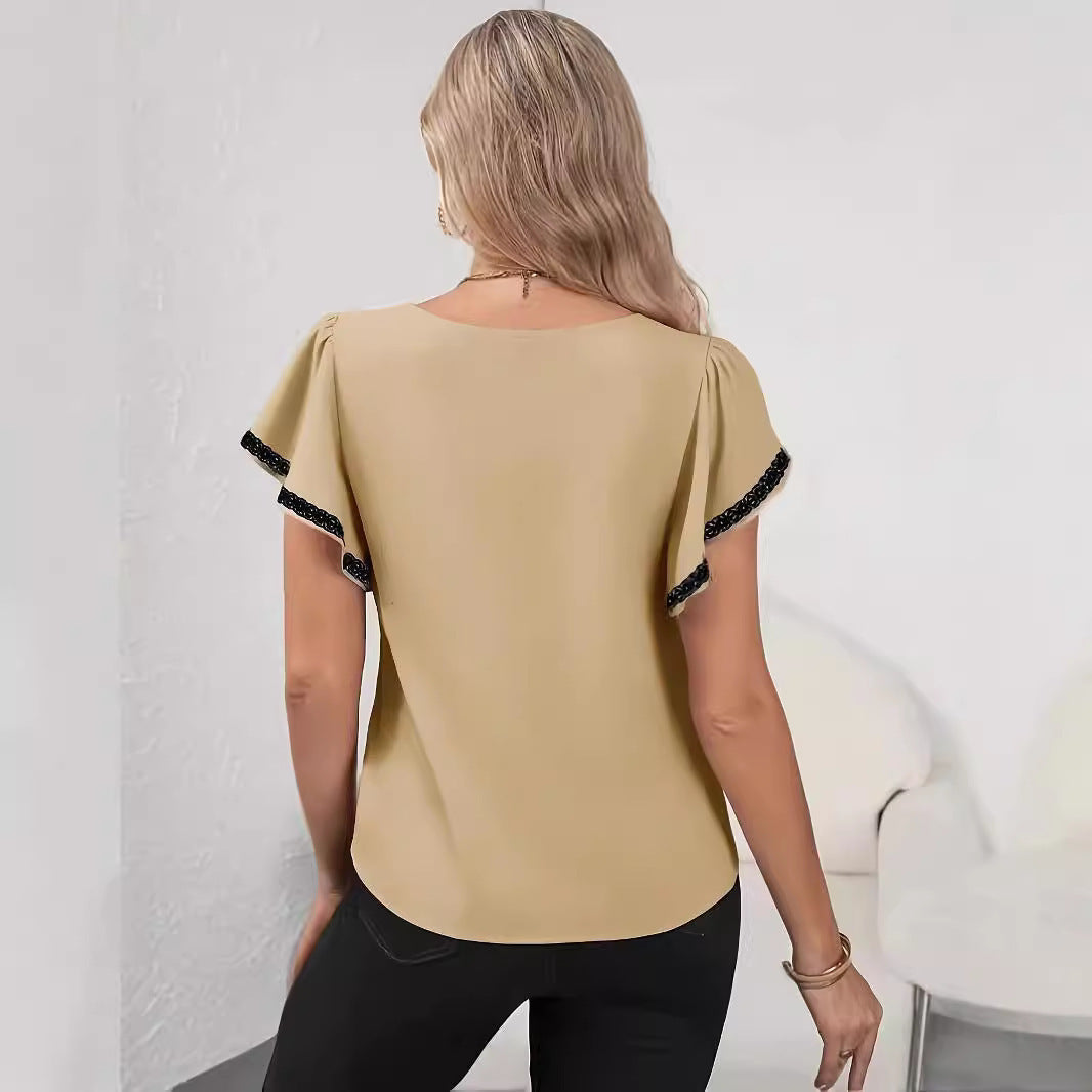 Women’s Fashion Ruffle Sleeve Solid Color And V-neck T-shirt