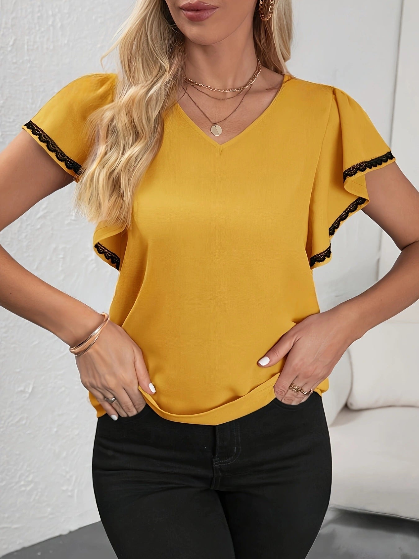 Women’s Fashion Ruffle Sleeve Solid Color And V-neck T-shirt - Orange / S
